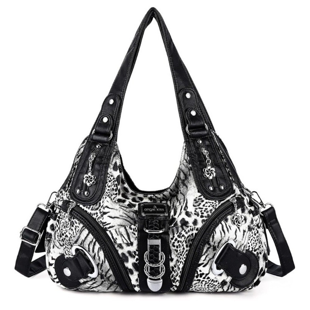 Angel Kiss Women Multiple Pockets Purses  Handbag Large Black Leopard